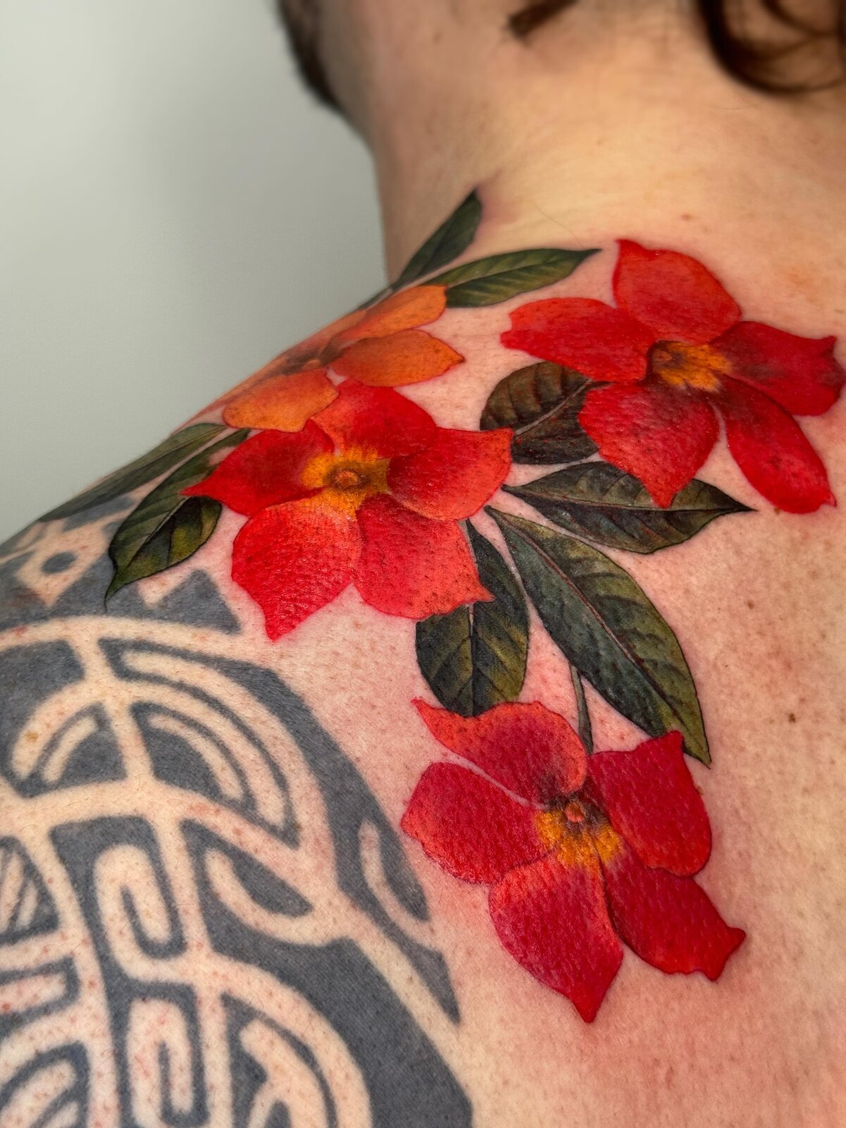 Hibiscus rouge en couleur sur épaule par Kira Leidel